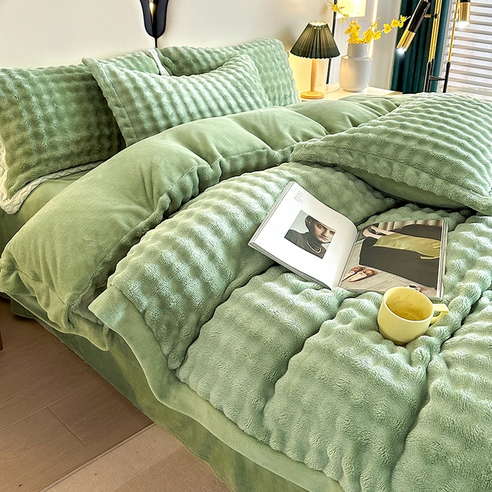 91家纺网 家纺一手货源 找家纺 芸锦豪 2024新款仿兔毛小泡泡兔兔绒兔毛绒四件套 茶绿