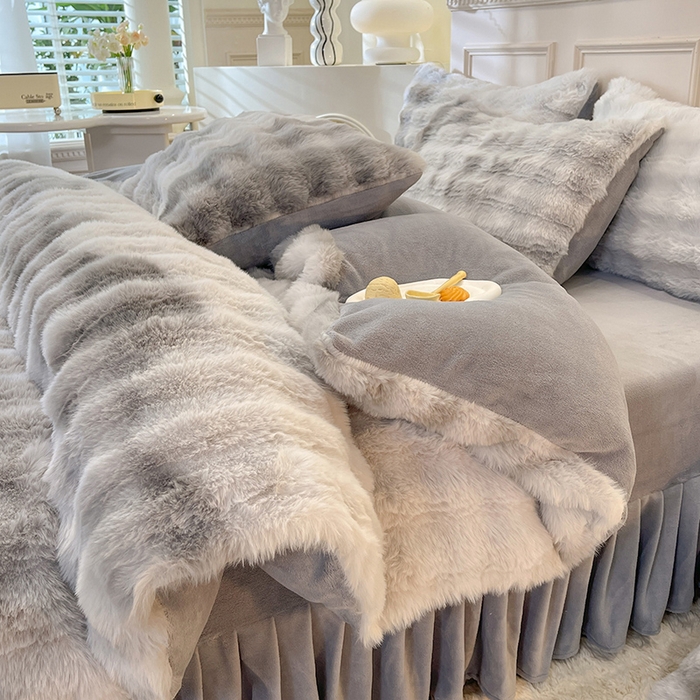 91家纺网 家纺一手货源 找家纺 绒世界 2024直播秋冬新款高克重500克床裙款泡泡四件套纯色印花系列  七彩-高级灰