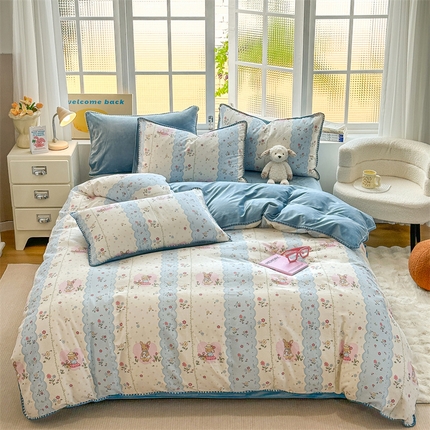 2025新款三角针贝壳边棉加牛奶绒工艺款四件套 田园之家