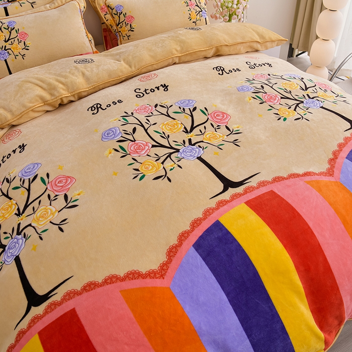 91家纺网 家纺一手货源 找家纺 阿亮家居 2024新款8.5斤保暖牛奶绒金貂绒床裙款四件套 浪漫玫瑰