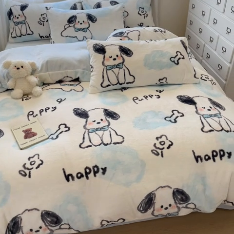 91家纺网 家纺一手货源 找家纺 慕澄家纺 2024新款小清新可爱印花牛奶绒加厚保暖四件套 趣味狗