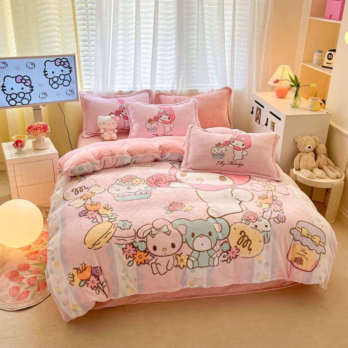 91家纺网 家纺一手货源 找家纺 金爱家 2024新款三丽鸥大版加厚牛奶绒四件套-第二批 熊熊兔美乐蒂