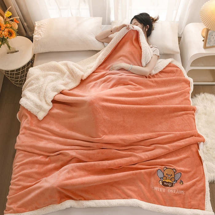91家纺网 家纺一手货源 找家纺 2025新款毛毯AB版牛奶绒+羊羔绒毯子复合多功能午睡毯 美梦-明媚橘
