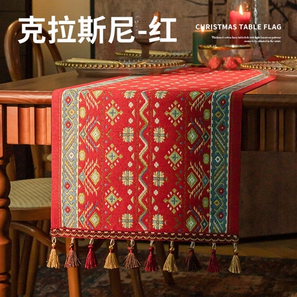91家纺网 家纺一手货源 找家纺 南通大梧纺织  2024新款棉纱色织提花圣诞氛围桌旗- 圣诞供货  第二批 克拉斯尼-红
