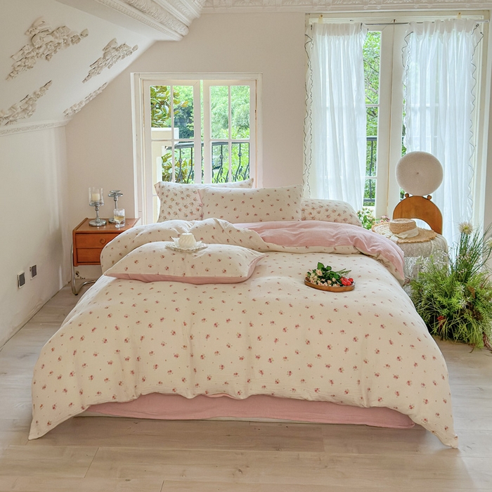 91家纺网 家纺一手货源 找家纺 木楌  2025新款全棉A类皱皱纱印花四件套 璎珞