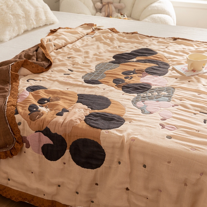 91家纺网 家纺一手货源 找家纺 乐家毛巾被 2024新款十层纱布泡芙被 两只熊猫