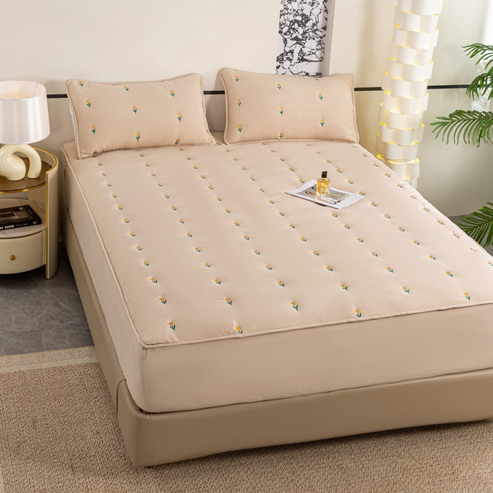 91家纺网 家纺一手货源 找家纺 米柳家纺 2024新款水洗棉大豆夹棉床笠 郁金香-浅咖