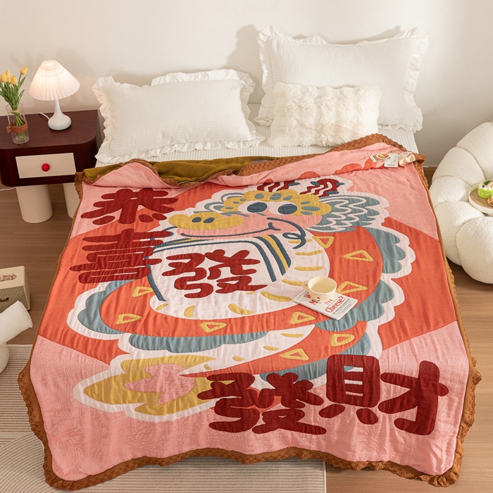 91家纺网 家纺一手货源 找家纺 乐家毛巾被 2024新款十层纱布泡芙被 恭喜发财