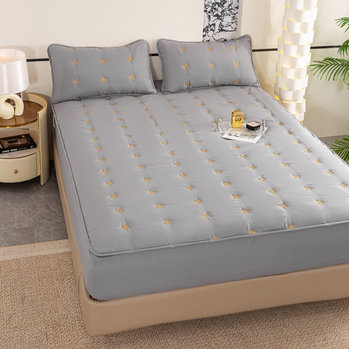 91家纺网 家纺一手货源 找家纺 米柳家纺 2024新款水洗棉大豆夹棉床笠 蝴蝶结-雅灰