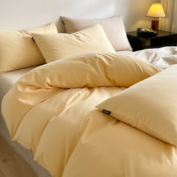 91家纺网 家纺一手货源 找家纺 涵宸家纺 2024新款全棉磨毛四件套纯厚系列（简）-四件套 纯厚（嫩黄+茶色）