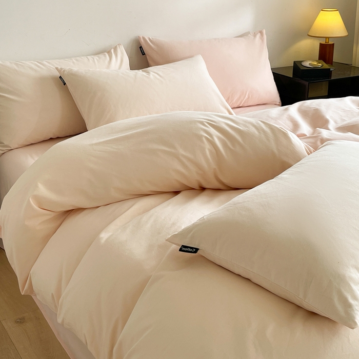 91家纺网 家纺一手货源 找家纺 涵宸家纺 2024新款全棉磨毛四件套纯厚系列（简）-四件套 纯厚（白桃+粉）