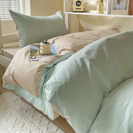 2024新款A类加密全棉40支13376简约风双拼纯色纯棉四件套单被套枕套三件套 浅绿+卡其