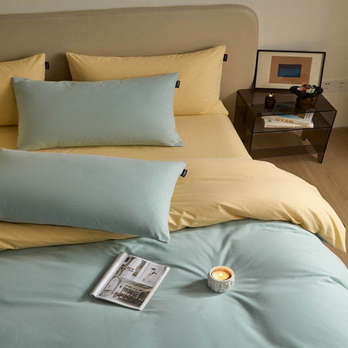 91家纺网 家纺一手货源 找家纺 涵宸家纺 2024新款全棉磨毛四件套纯厚系列（轻）-四件套 纯厚（爱琴海+黄）