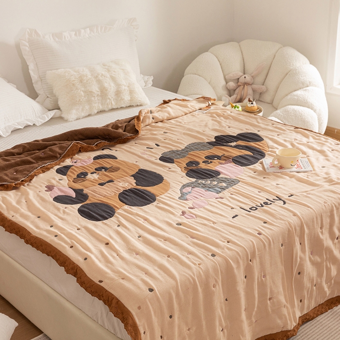 91家纺网 家纺一手货源 找家纺 乐家毛巾被 2024新款十层纱布泡芙被 两只熊猫