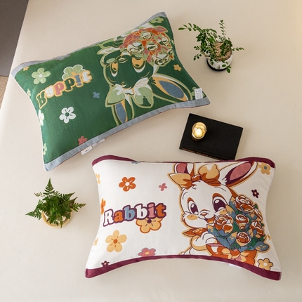 91家纺网 家纺一手货源 找家纺 彩虹毛巾 2024新款中国风全棉六层纱枕巾隔脏绑带枕巾国潮纯棉6层纱布枕巾加厚情侣枕套 花束兔 (白色)【简约款】