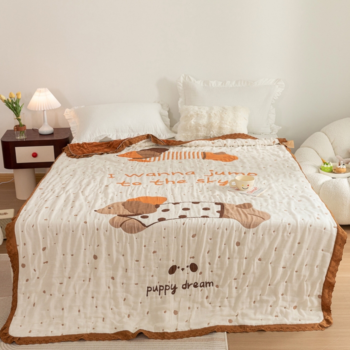 91家纺网 家纺一手货源 找家纺 乐家毛巾被 2024新款十层纱布泡芙被 斑点狗