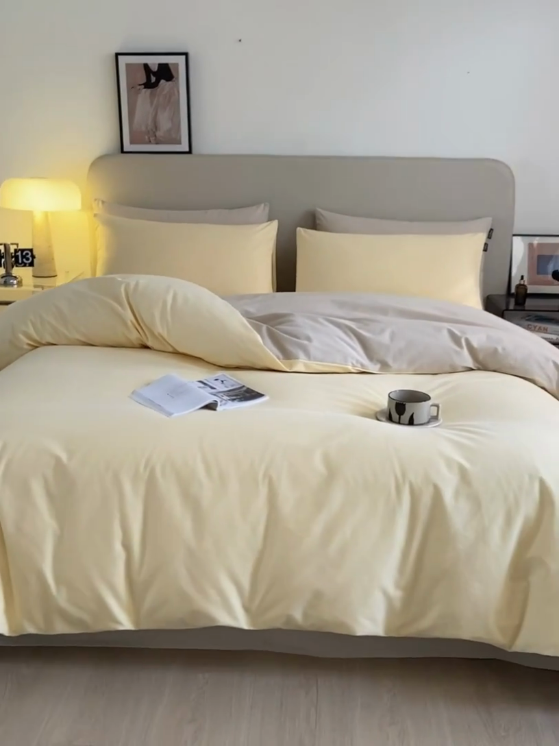 91家纺网 家纺一手货源 找家纺 涵宸家纺 2024新款全棉磨毛四件套纯厚系列（轻）-四件套 纯厚（嫩黄+茶色）