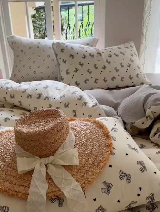 91家纺网 家纺一手货源 找家纺 木楌  2025新款全棉A类皱皱纱印花四件套 涵雅