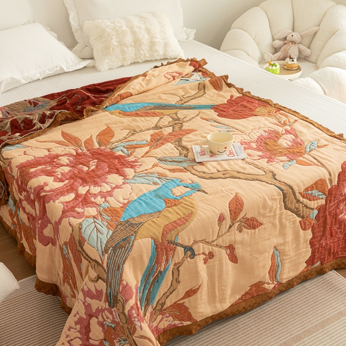 91家纺网 家纺一手货源 找家纺 乐家毛巾被 2024新款十层纱布泡芙被 牡丹杜鹃