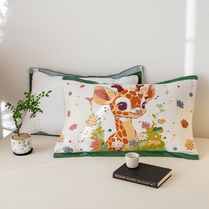 91家纺网 家纺一手货源 找家纺 彩虹毛巾 2024新款中国风全棉六层纱枕巾隔脏绑带枕巾国潮纯棉6层纱布枕巾加厚情侣枕套 欢鹿【绑带款】