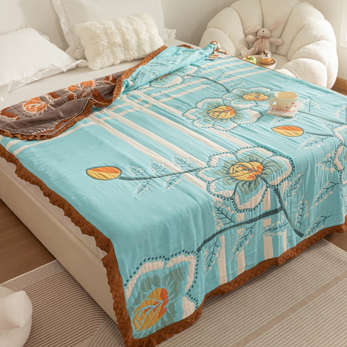 91家纺网 家纺一手货源 找家纺 乐家毛巾被 2024新款十层纱布泡芙被 蓝底芙蓉