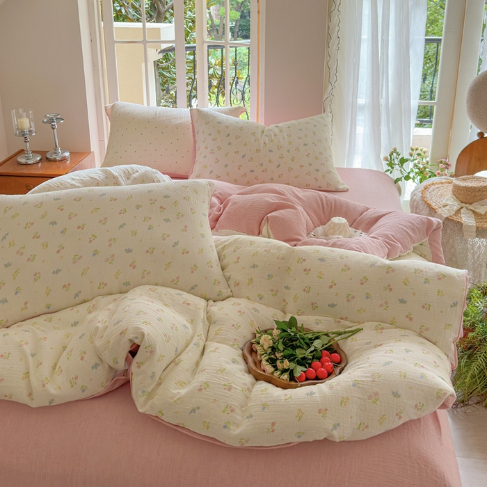 91家纺网 家纺一手货源 找家纺 木楌  2025新款全棉A类皱皱纱印花四件套 沁香