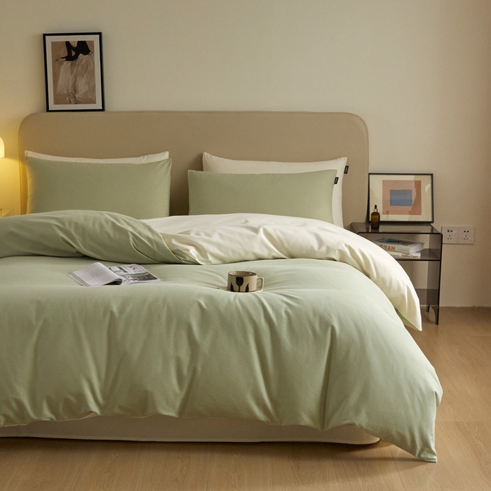 91家纺网 家纺一手货源 找家纺 涵宸家纺 2024新款全棉磨毛四件套纯厚系列（轻）-四件套 纯厚（古今绿+奶白）