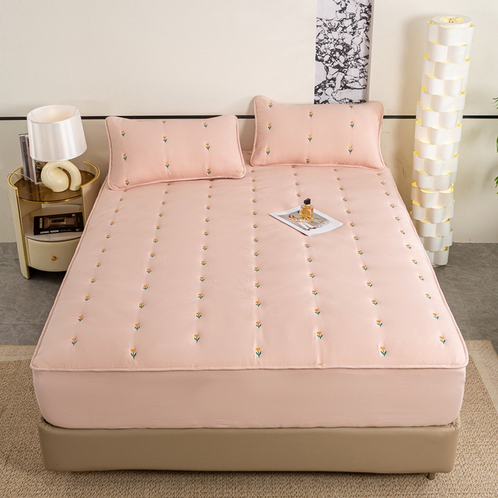 91家纺网 家纺一手货源 找家纺 米柳家纺 2024新款水洗棉大豆夹棉床笠 郁金香-粉玉