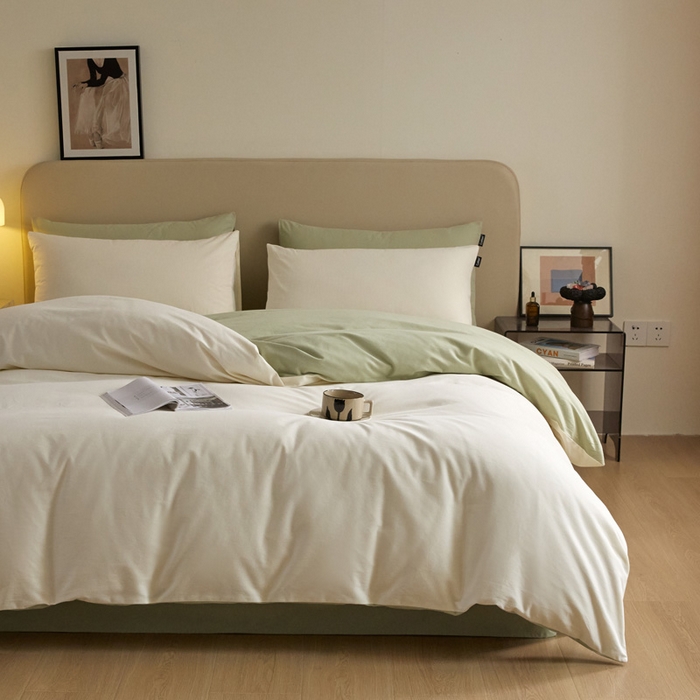 91家纺网 家纺一手货源 找家纺 涵宸家纺 2024新款全棉磨毛四件套纯厚系列（轻）-单被套 纯厚（奶白+绿）