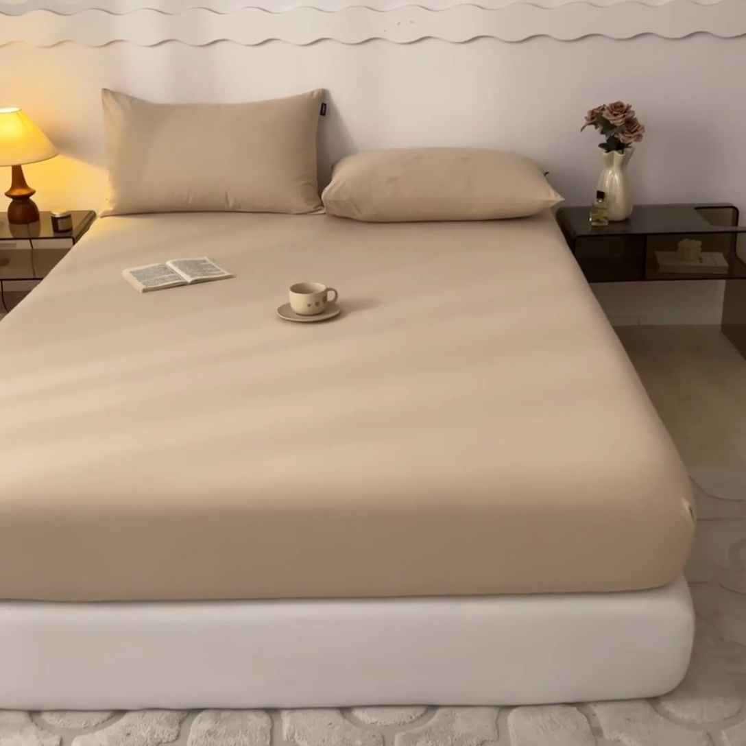 91家纺网 家纺一手货源 找家纺 涵宸家纺 2024新款全棉磨毛四件套纯厚系列-单床笠 a复古棕