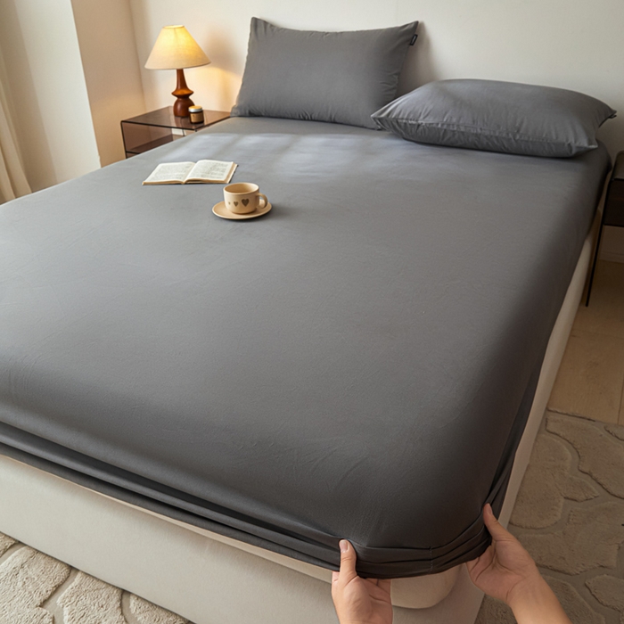 91家纺网 家纺一手货源 找家纺 涵宸家纺 2024新款全棉磨毛四件套纯厚系列-单床笠 a高级灰