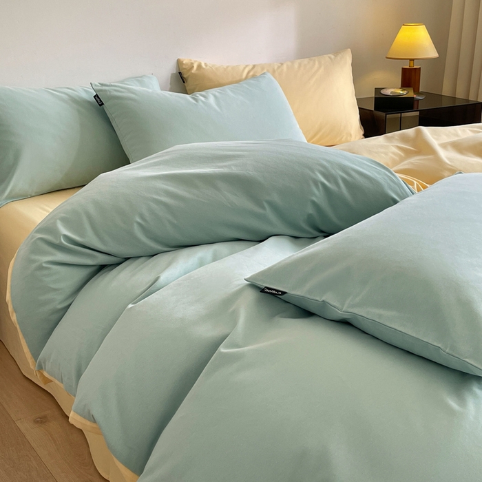 91家纺网 家纺一手货源 找家纺 涵宸家纺 2024新款全棉磨毛四件套纯厚系列（简）-四件套 纯厚（爱琴海+黄）