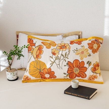 91家纺网 家纺一手货源 找家纺 彩虹毛巾 2024新款中国风全棉六层纱枕巾隔脏绑带枕巾国潮纯棉6层纱布枕巾加厚情侣枕套 花海【绑带款】