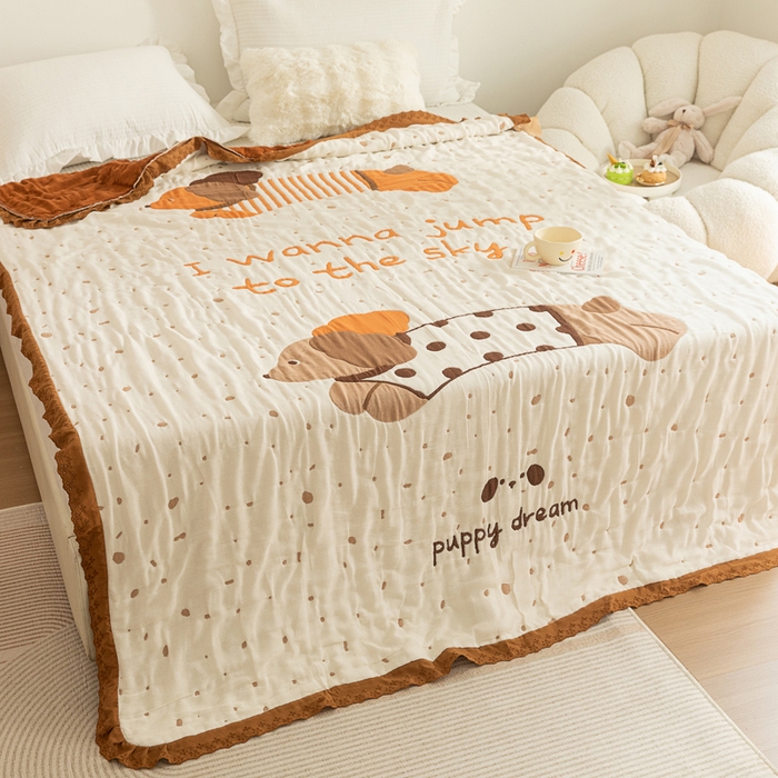 91家纺网 家纺一手货源 找家纺 乐家毛巾被 2024新款十层纱布泡芙被 斑点狗