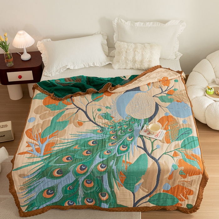 91家纺网 家纺一手货源 找家纺 乐家毛巾被 2024新款十层纱布泡芙被 花枝孔雀