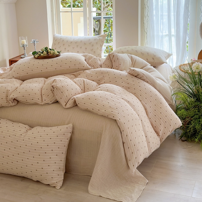 91家纺网 家纺一手货源 找家纺 木楌  2025新款全棉A类皱皱纱印花四件套可心咖