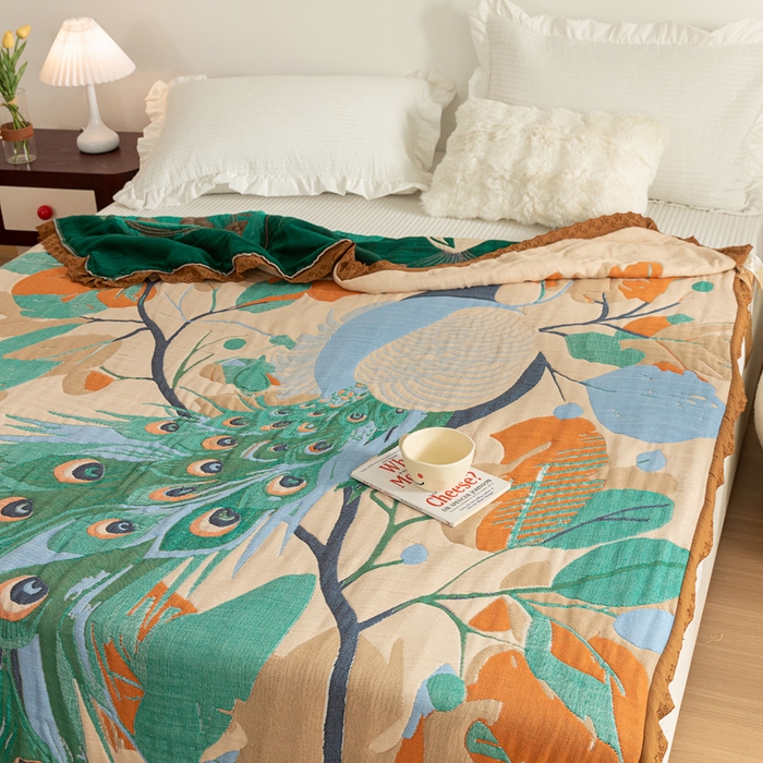 91家纺网 家纺一手货源 找家纺 乐家毛巾被 2024新款十层纱布泡芙被 花枝孔雀