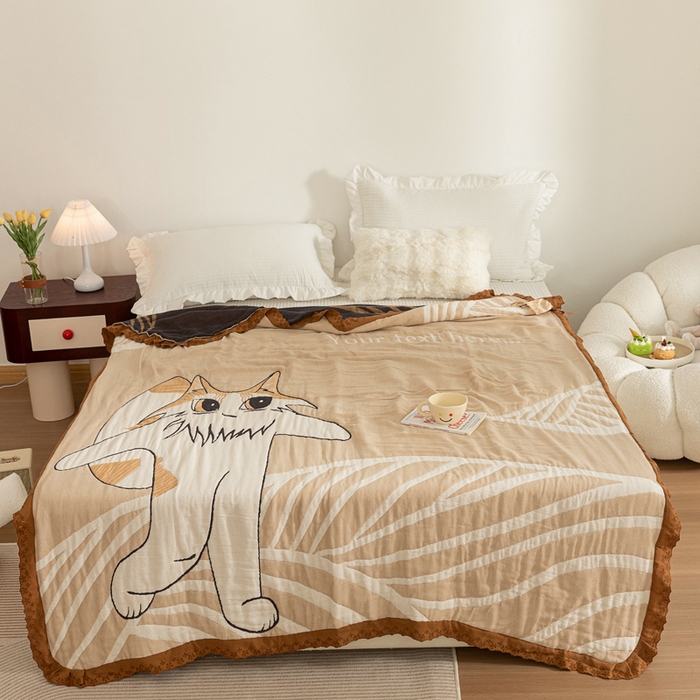 91家纺网 家纺一手货源 找家纺 乐家毛巾被 2024新款十层纱布泡芙被 旅行猫