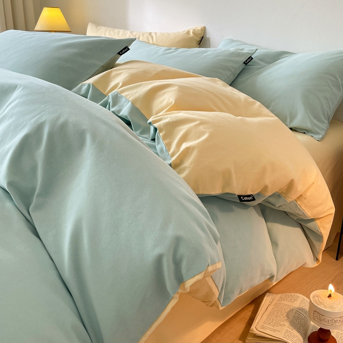 91家纺网 家纺一手货源 找家纺 涵宸家纺 2024新款全棉磨毛四件套纯厚系列（简）-四件套 纯厚（爱琴海+黄）