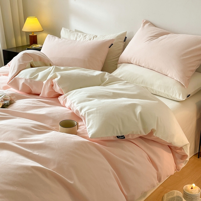 91家纺网 家纺一手货源 找家纺 涵宸家纺 2024新款全棉磨毛四件套纯厚系列（简）-四件套 纯厚（樱花粉+奶白）