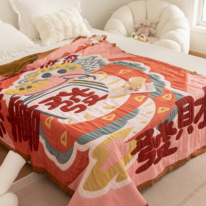 91家纺网 家纺一手货源 找家纺 乐家毛巾被 2024新款十层纱布泡芙被 恭喜发财