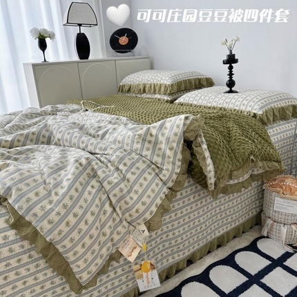 91家纺网 家纺一手货源 找家纺 佰织鑫家居 2024新款秋冬全棉法式床盖款豆豆被四件套 可可庄园
