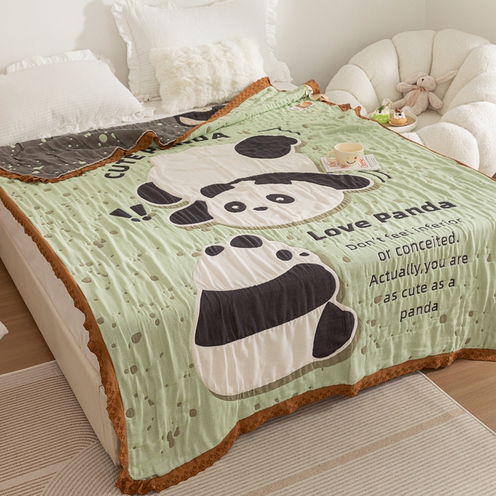 91家纺网 家纺一手货源 找家纺 乐家毛巾被 2024新款十层纱布泡芙被 绿地熊猫