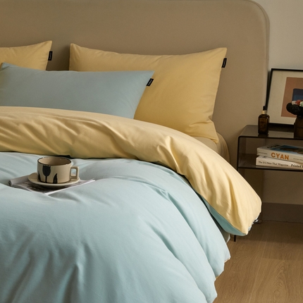 91家纺网 家纺一手货源 找家纺 涵宸家纺 2024新款全棉磨毛四件套纯厚系列（轻）-四件套 纯厚（爱琴海+黄）