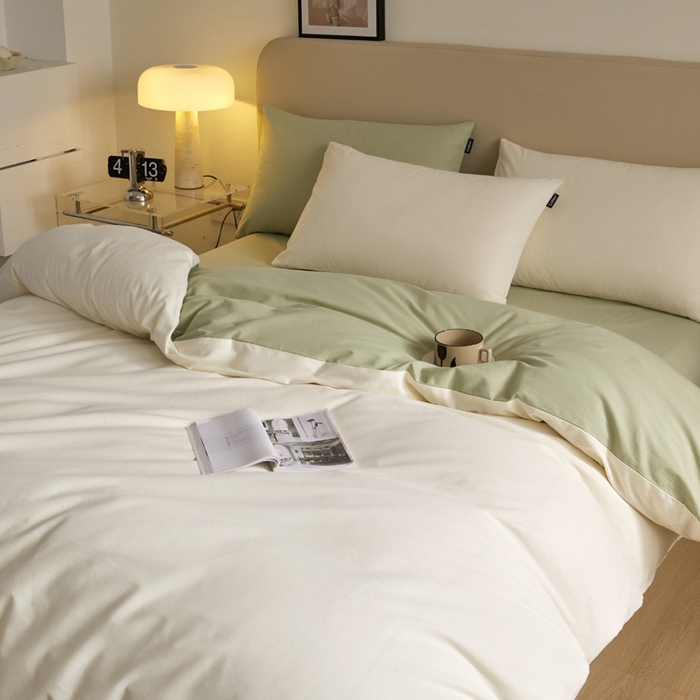 91家纺网 家纺一手货源 找家纺 涵宸家纺 2024新款全棉磨毛四件套纯厚系列（轻）-单被套 纯厚（奶白+绿）