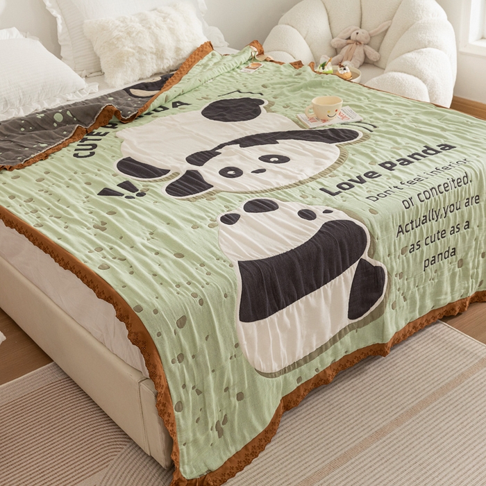 91家纺网 家纺一手货源 找家纺 乐家毛巾被 2024新款十层纱布泡芙被 绿地熊猫