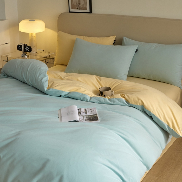 91家纺网 家纺一手货源 找家纺 涵宸家纺 2024新款全棉磨毛四件套纯厚系列（轻）-单被套 纯厚（爱琴海+黄）