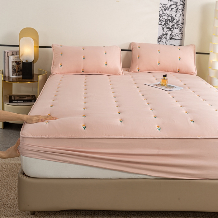 91家纺网 家纺一手货源 找家纺 米柳家纺 2024新款水洗棉大豆夹棉床笠 郁金香-粉玉