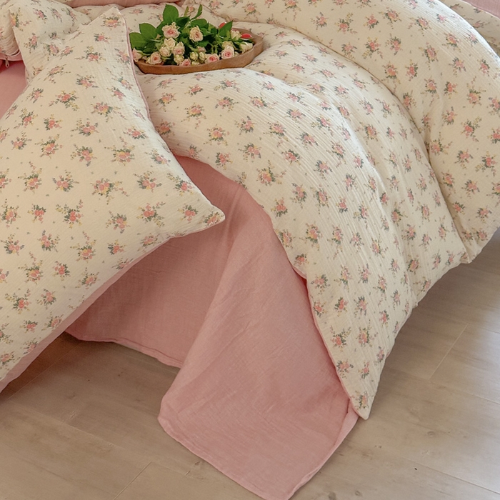 91家纺网 家纺一手货源 找家纺 木楌  2025新款全棉A类皱皱纱印花四件套 浅汐