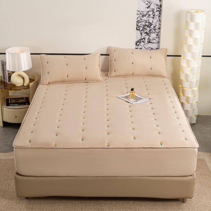 91家纺网 家纺一手货源 找家纺 米柳家纺 2024新款水洗棉大豆夹棉床笠 郁金香-浅咖